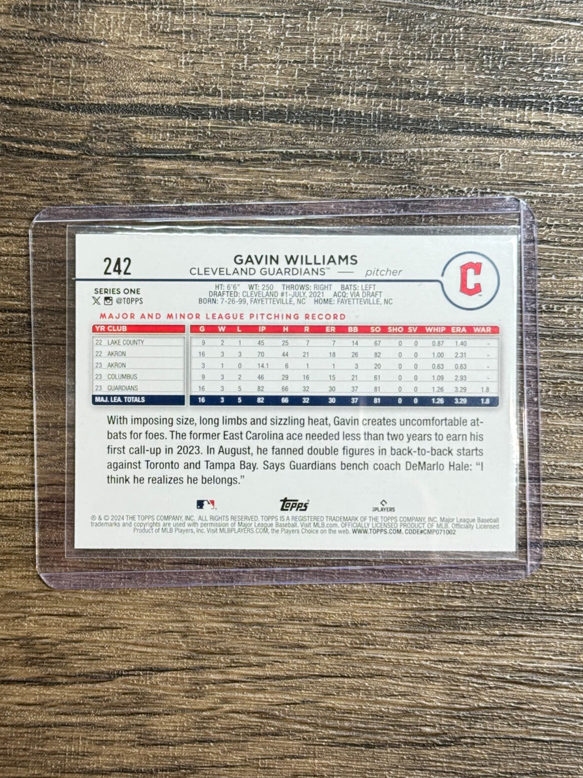 2024 Topps Series 1 Gavin Williams ROOKIE CARD #242 (RC) Guardians