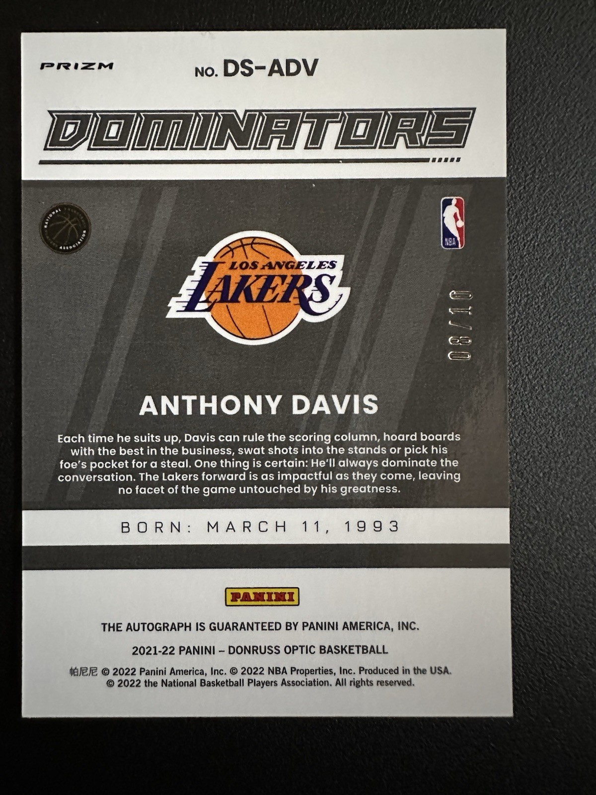 2021-22 Panini Donruss Optic Basketball Anthony Davis Gold Parallel Auto /10 AD