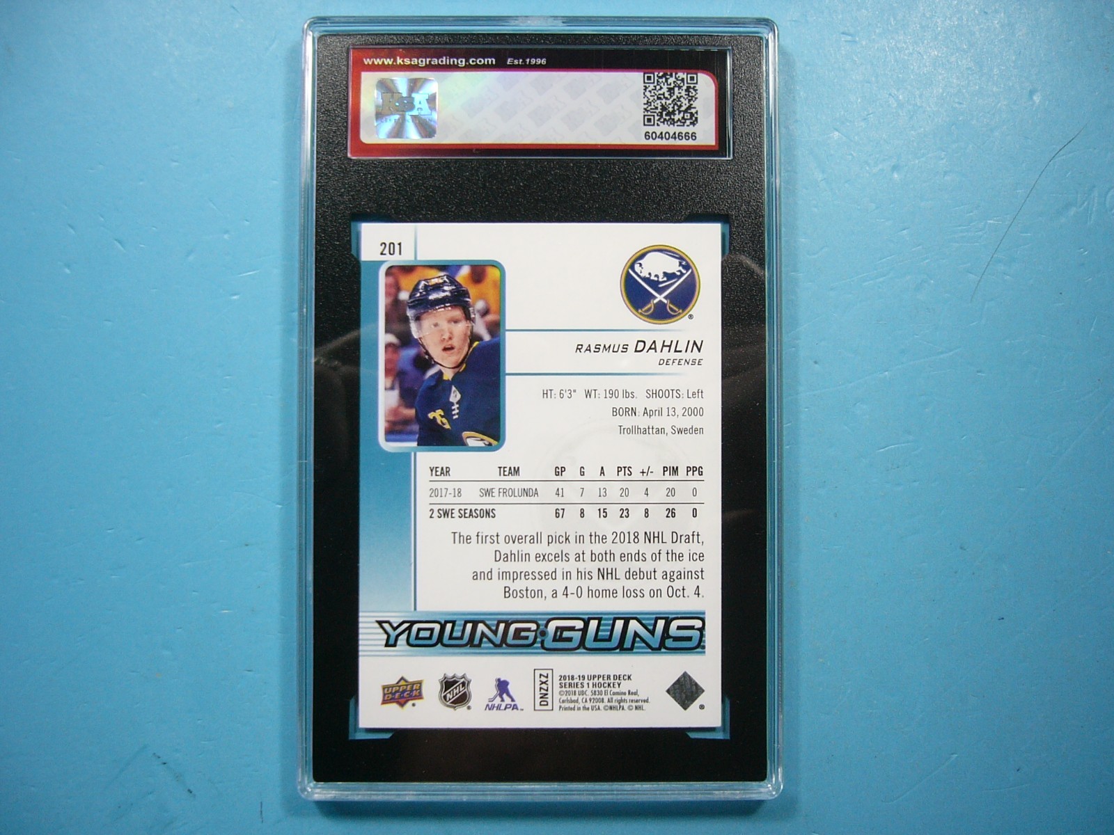 2018/19 UPPER DECK YOUNG GUNS HOCKEY CARD #201 RASMUS DAHLIN ROOKIE RC KSA 9.5
