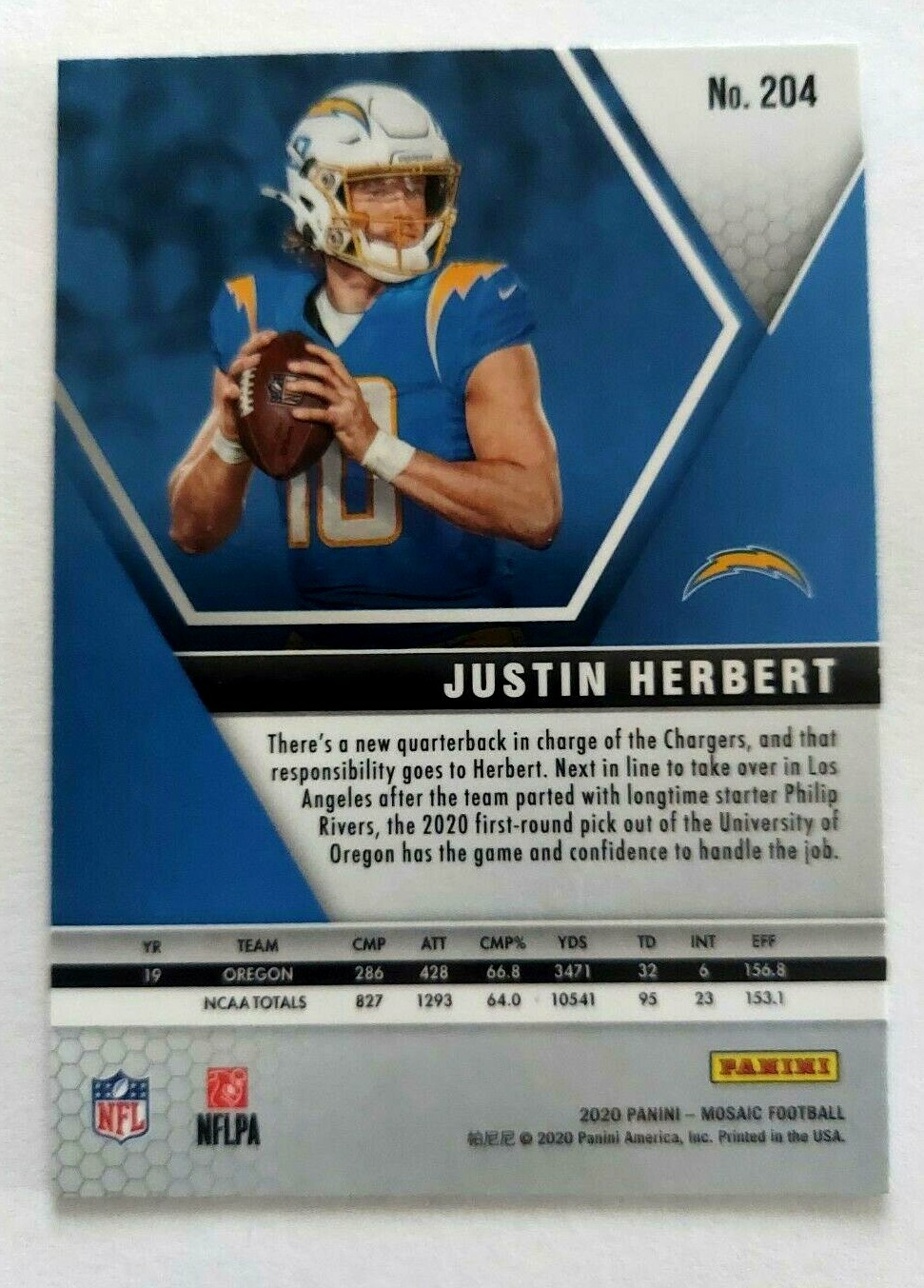 Justin Herbert Mosaic RC #204 Los Angeles Chargers Rookie 2020 Panini San Diego