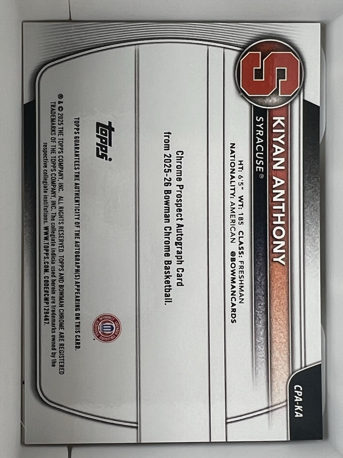 2025-26 Bowman – Chrome Prospect Autographs Kiyan Anthony #CPA-KA Purple…