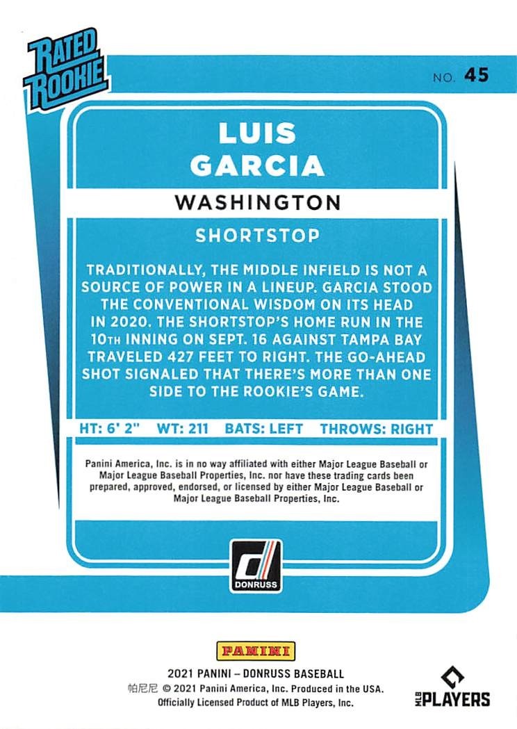 2021 PANINI DONRUSS BASEBALL – LUIS GARCIA RATED ROOKIE WASHINGTON BLUE
