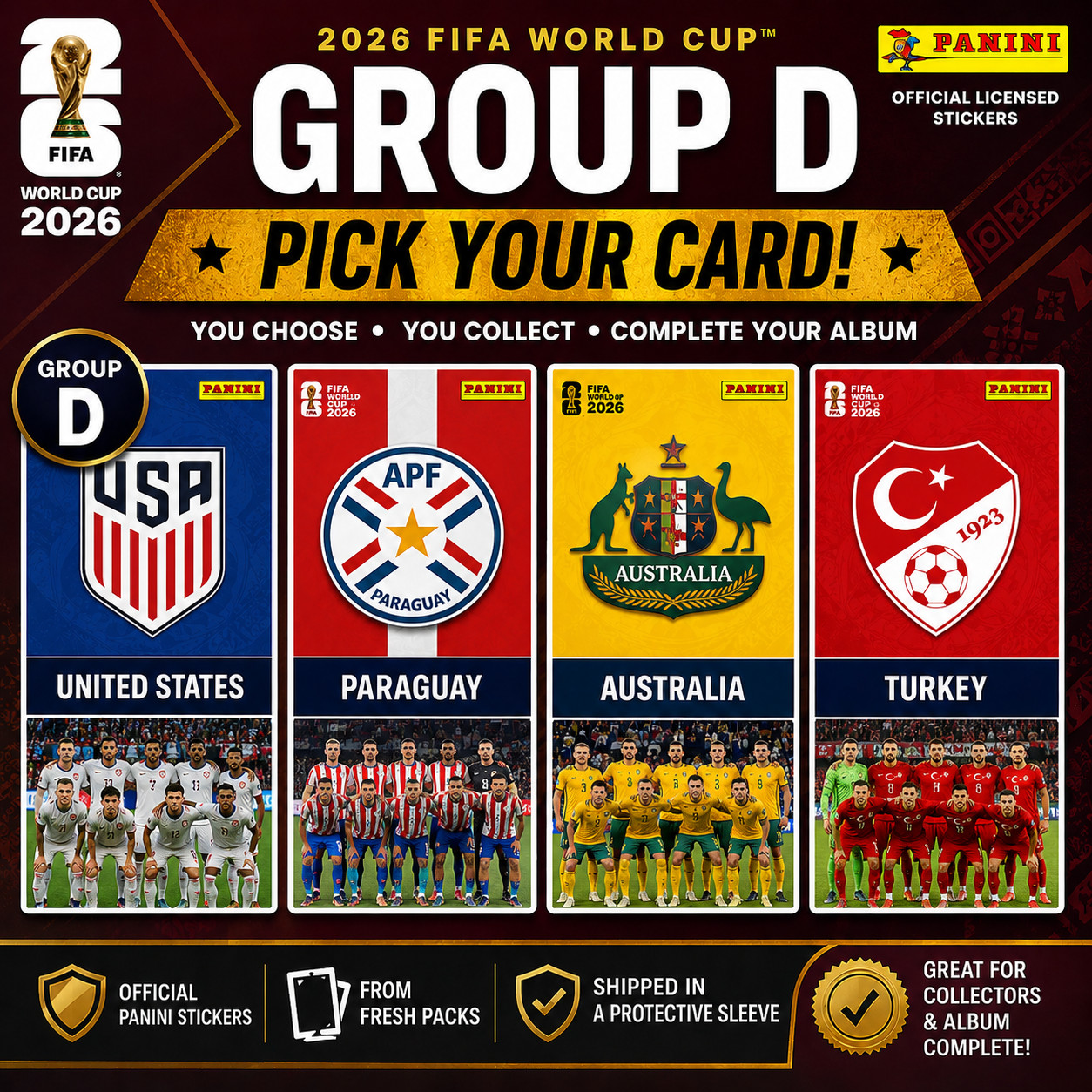 2026 Panini FIFA World Cup Group D Sticker You Pick USA Paraguay Australia Turke