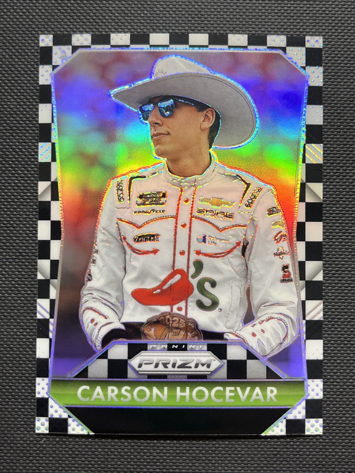 Carson Hocevar 2025 Panini Prizm Throwback Checkered Flag Parallel SP /75