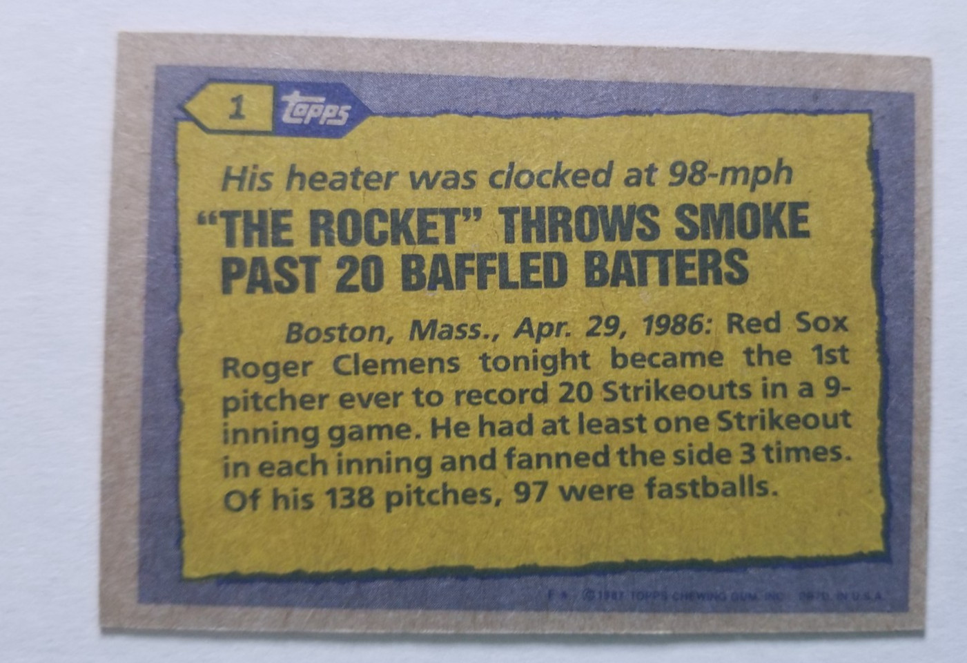 Roger Clemens 1987 Topps #1 Boston Red Sox