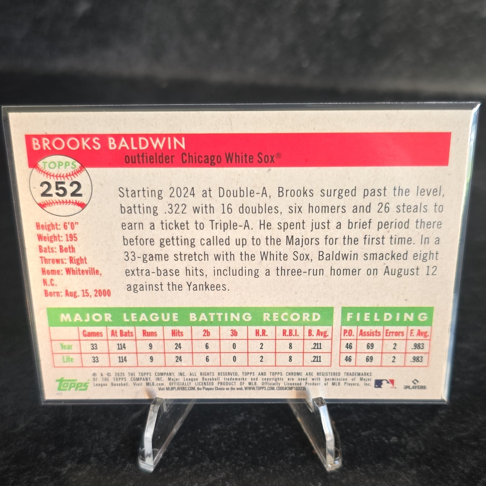 2025 Topps Chrome #252 Brooks Baldwin RC Orange Refractor 14/25 White Sox