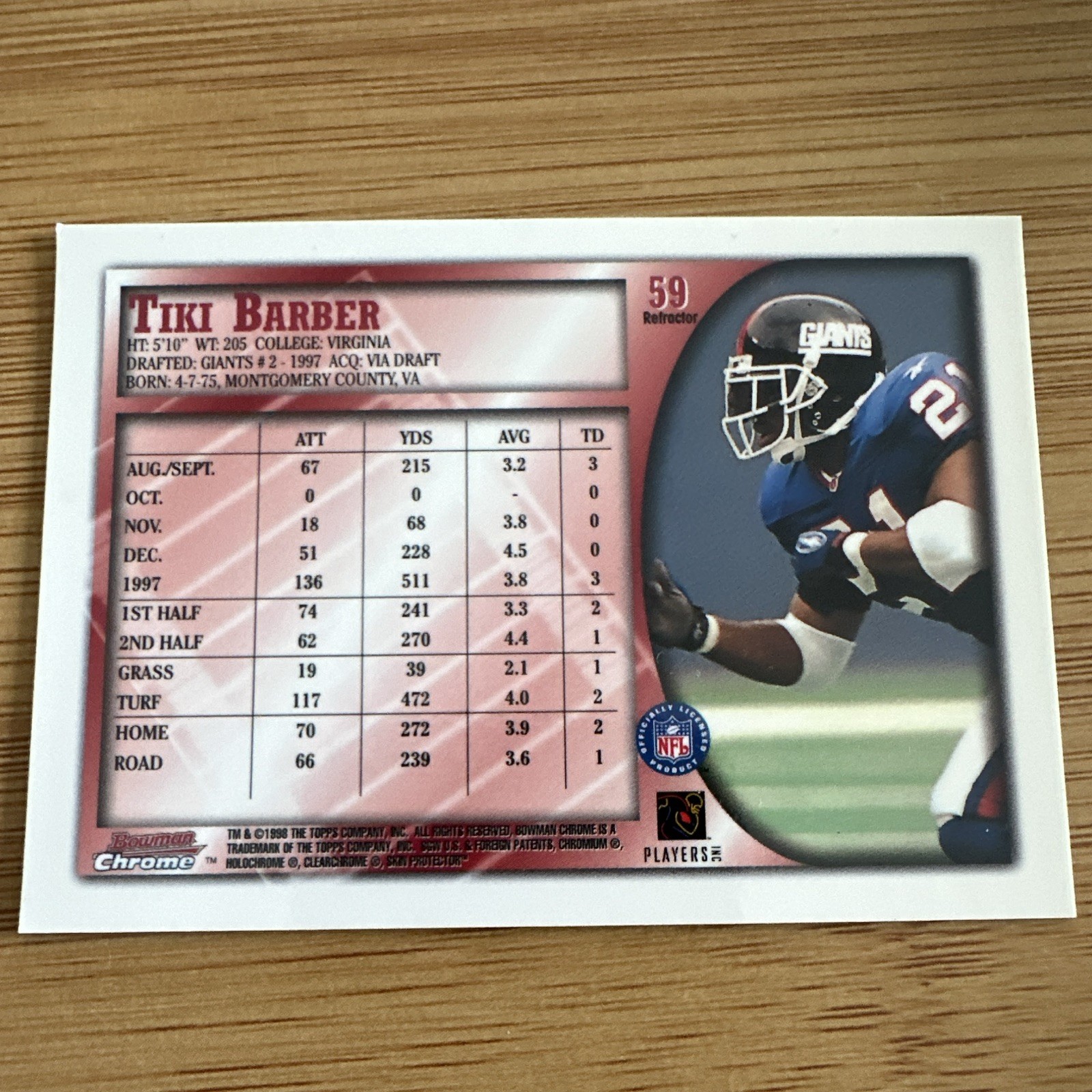 1998 Bowman Chrome Refractor Tiki Barber New York Giants #59