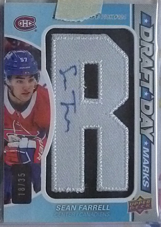 Sean Farrell 2023-24 SP Game Used Draft Day Marks Letter “R” Autograph Patch /35