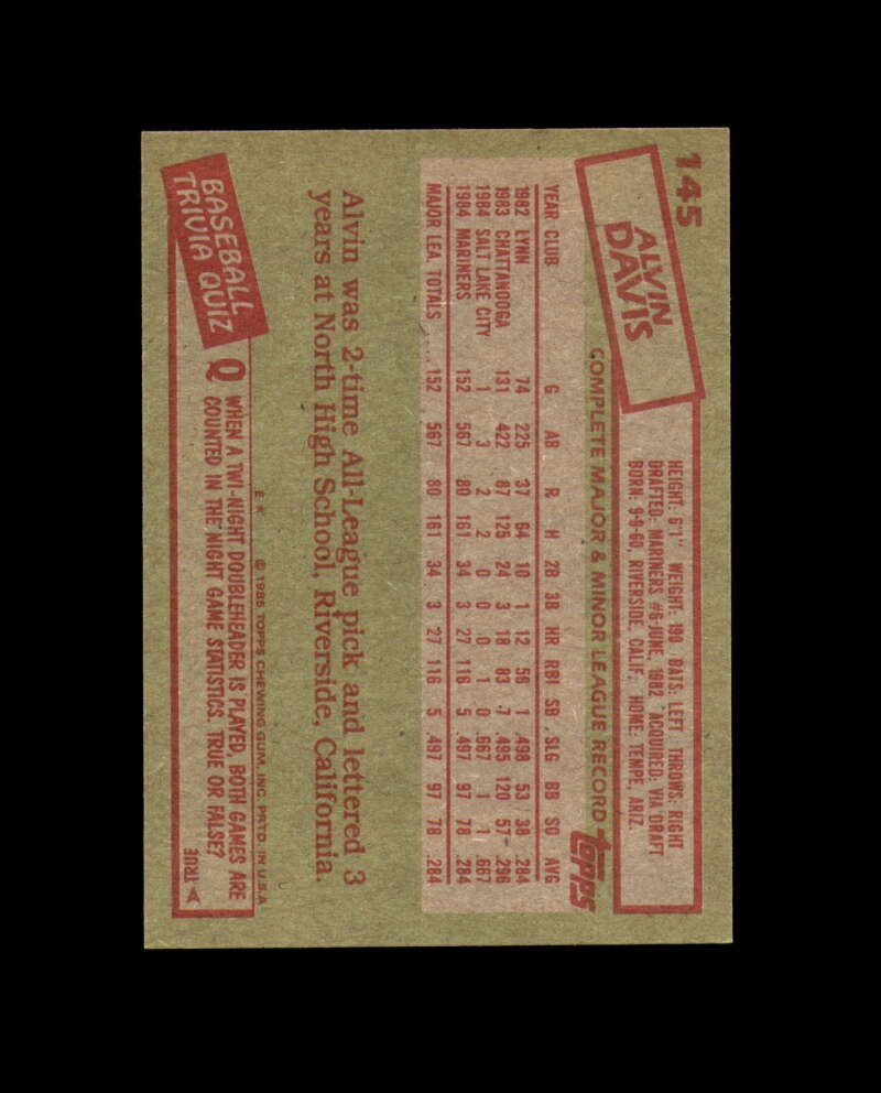 Alvin Davis Signed 1985 Topps Rookie Seattle Mariners Autograph