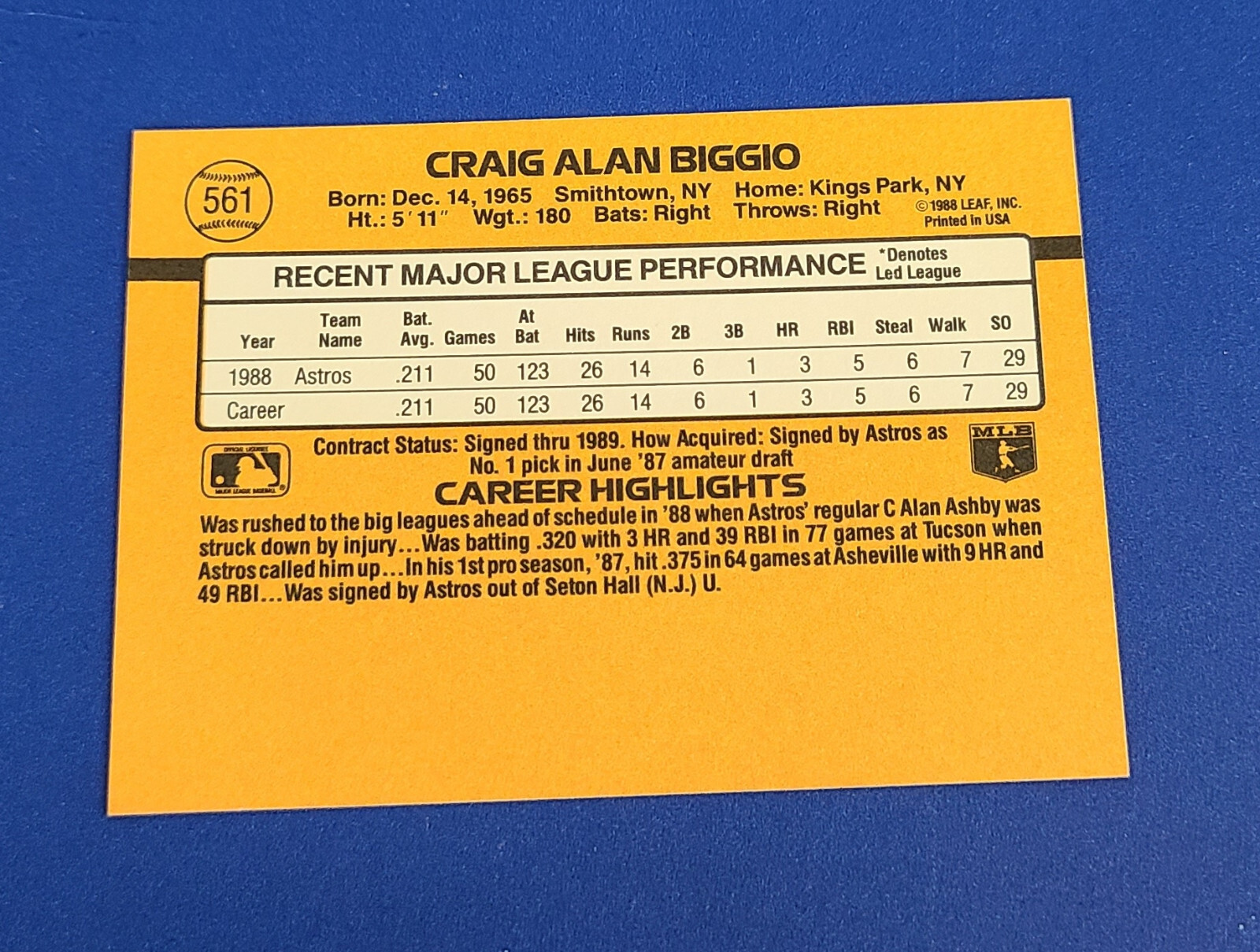 1989 DONRUSS #561 CRAIG BIGGIO ROOKIE BASEBALL CARD HOF RC HOUSTON ASTROS – T