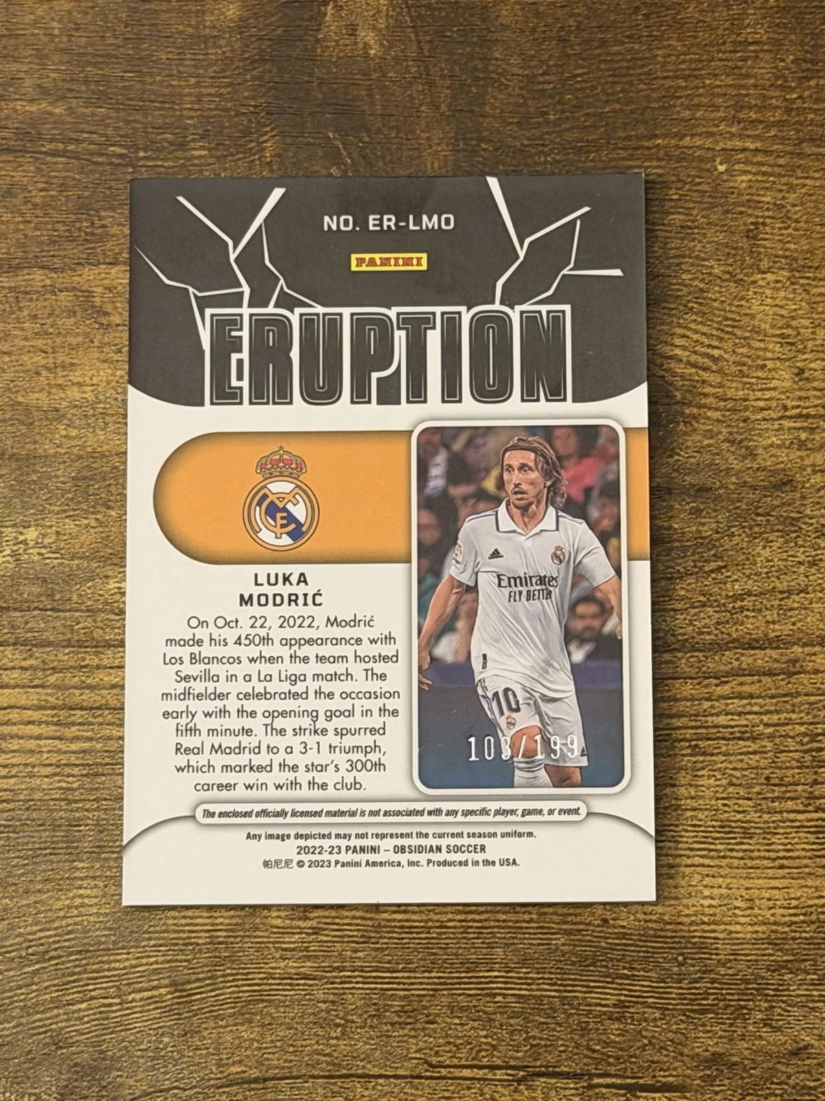Luka Modric 2022-23 Panini Obsidian – Eruption Relics #ER-LMO Madrid /199