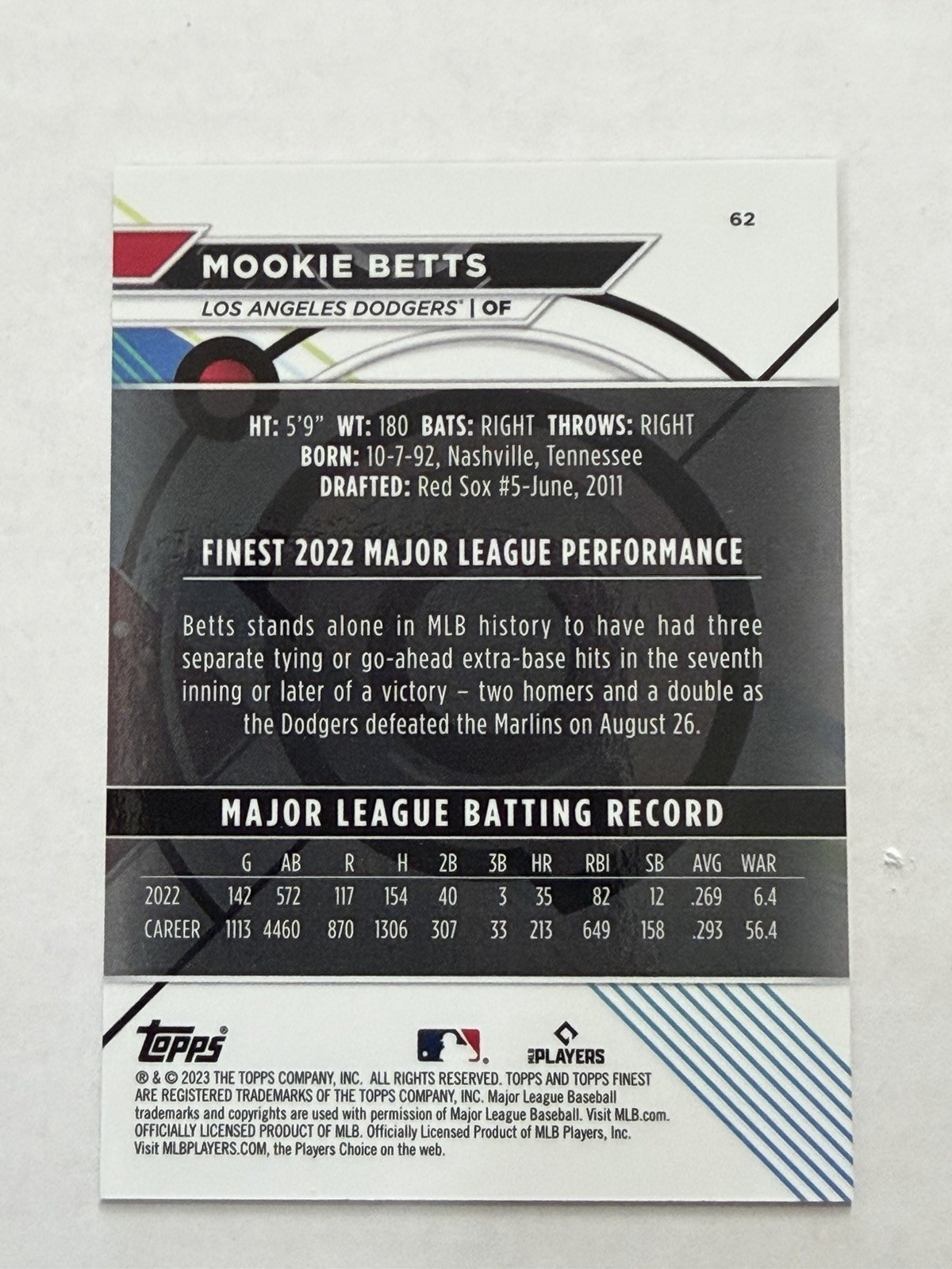 2023 Finest #62 Mookie Betts Purple Refractor 001/250