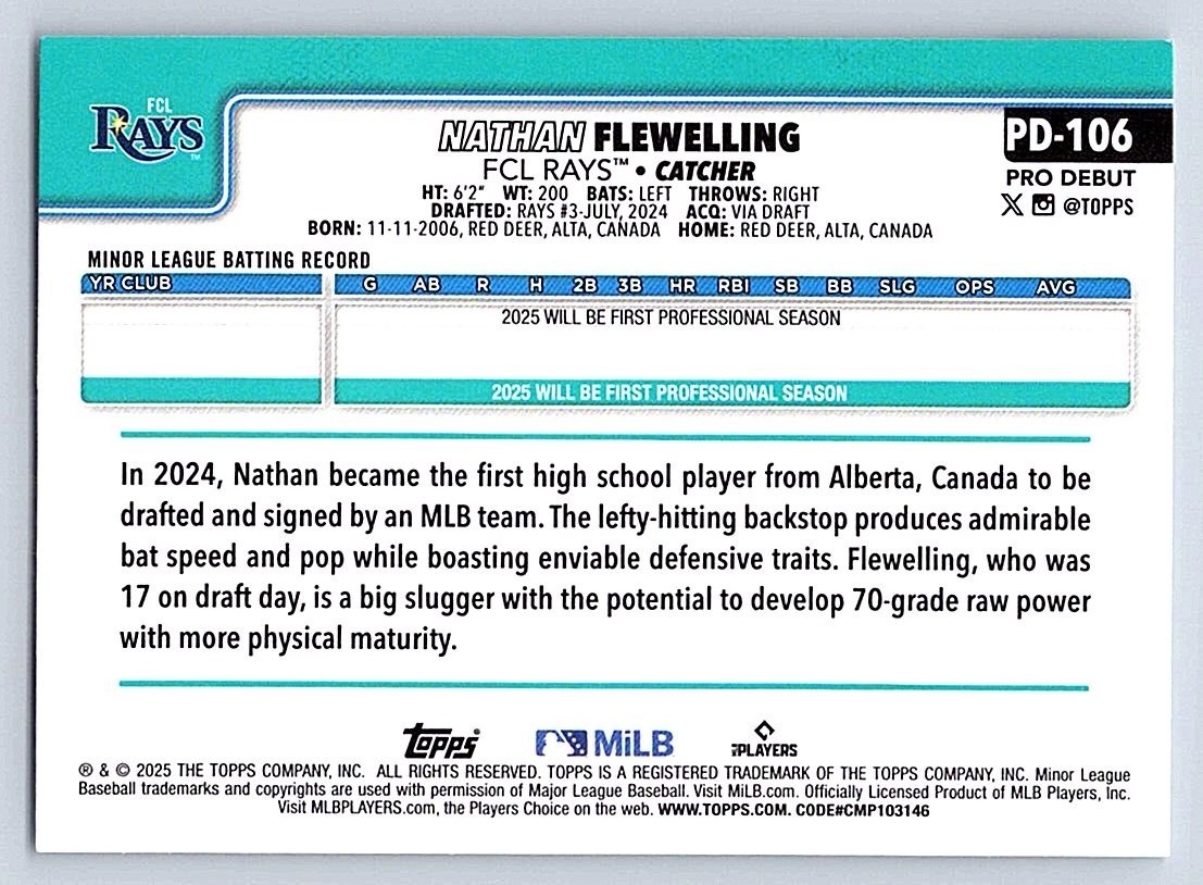 NATHAN FLEWELLING RAYS 2025 TOPPS PRO DEBUT #PD-106