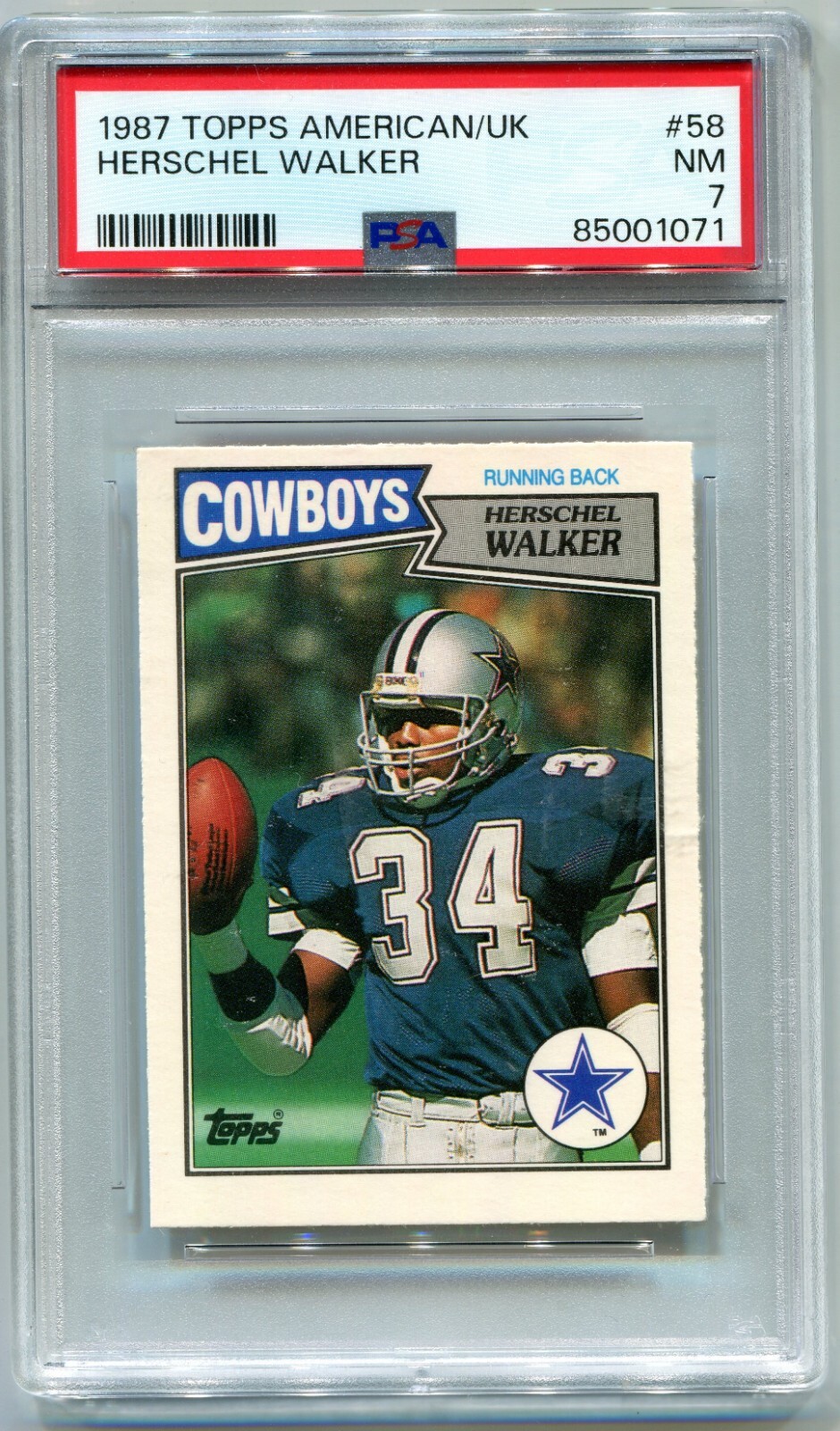 1987 Topps American UK Version #58 Hercshel Walker, PSA 7 CHoF. Dallas Cowboys
