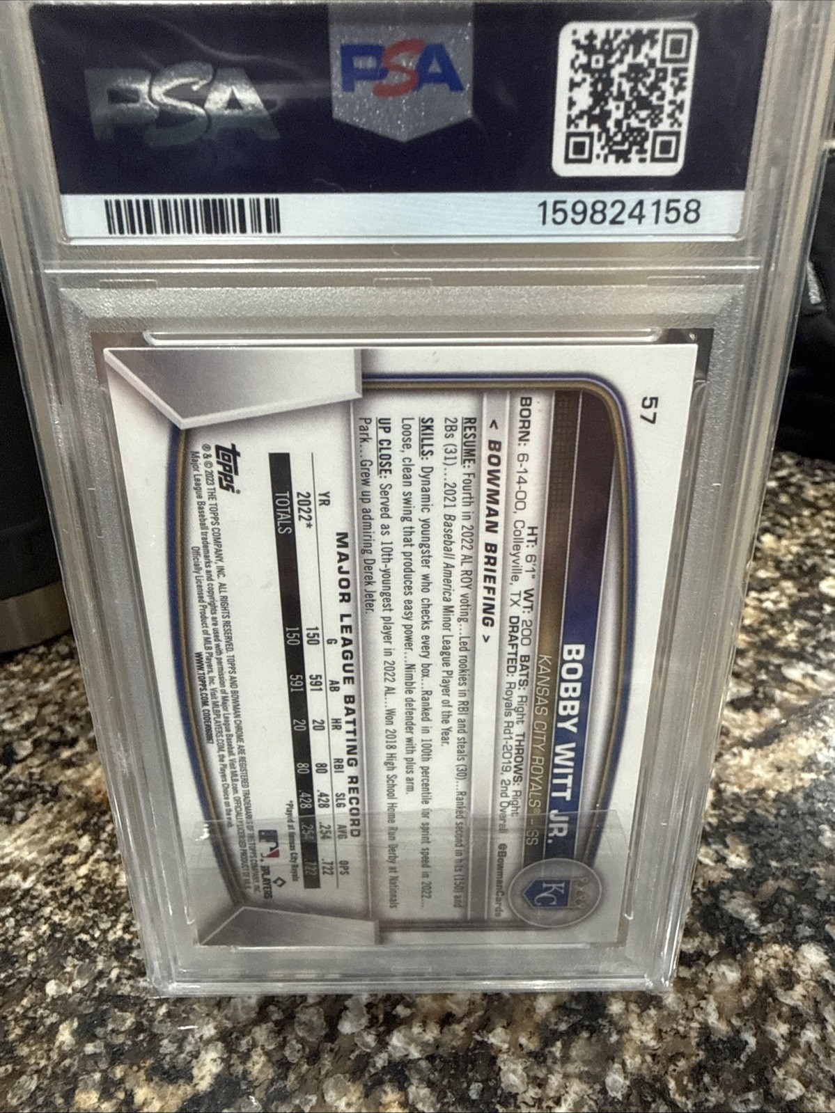 2023 Bowman Chrome Mega Box Purple Refractor Bobby Witt Jr #57 220/250 PSA-10