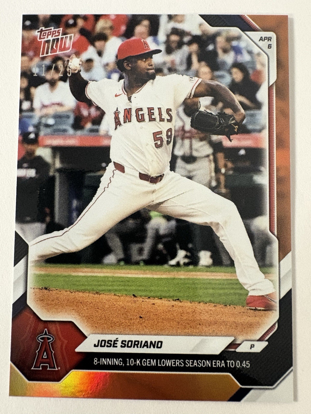 Jose Soriano Angels 8 IP 10 K Gem 0.45 ERA 2026 MLB Topps NOW #58 Orange 11/25