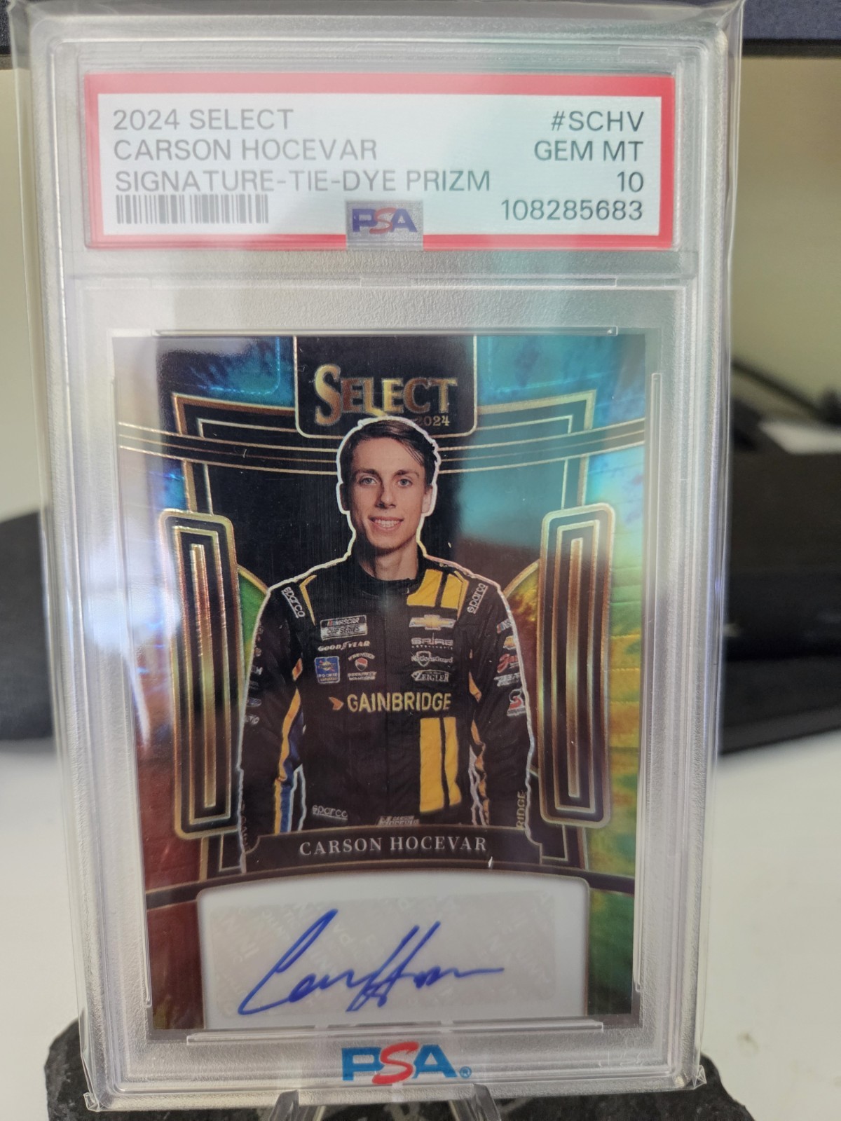 2024 Select Carson Hocevar Signatures Tie Dye Prizm SSP /25 PSA 10