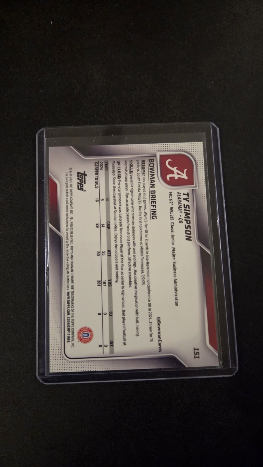 Ty Simpson 2025 Bowman University Chrome Teal Lava Refractor #151 – Alabama