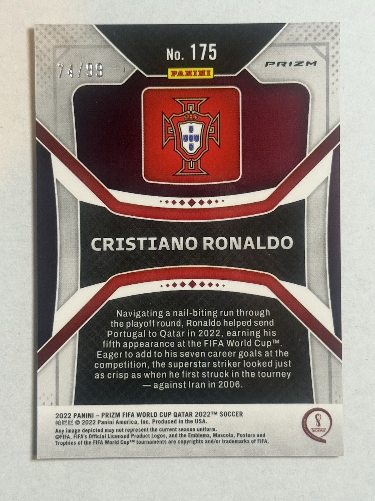 Cristiano Ronaldo PURPLE WAVE Parallel /99 2022 Prizm World Cup Qatar #175 RARE