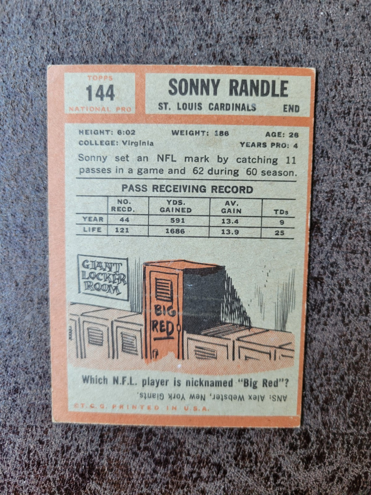 1962 Topps Football Sonny Randle #144 – St. Louis Cardinals