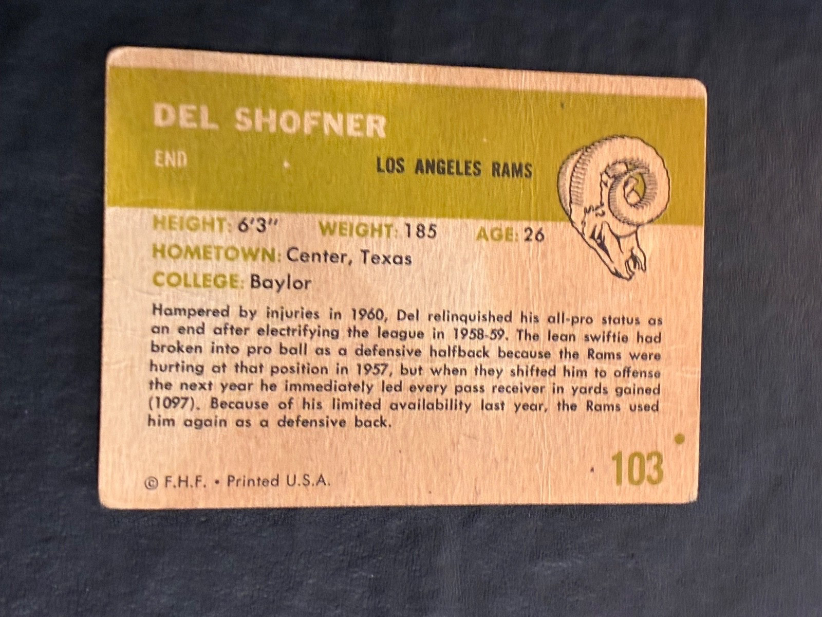 1961 Fleer Football Del Shofner #103 – Poor – Creased/Dented – Soft Corners