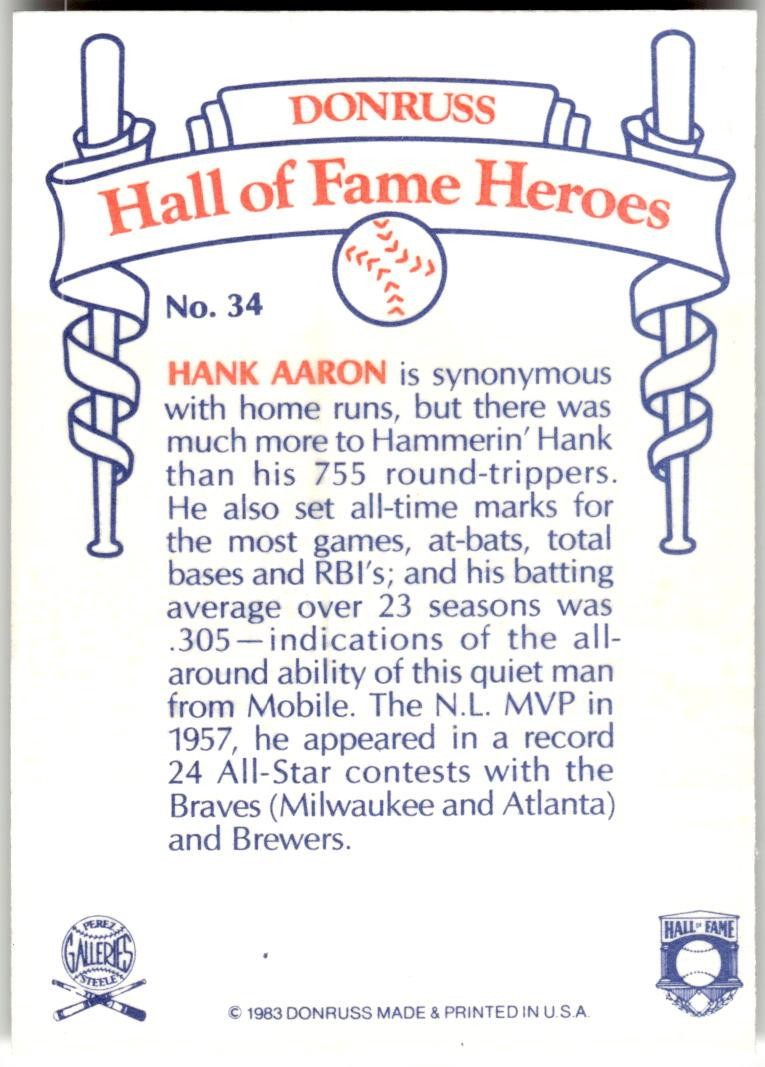 1983 Donruss Hall of Fame Heroes #34 Hank Aaron