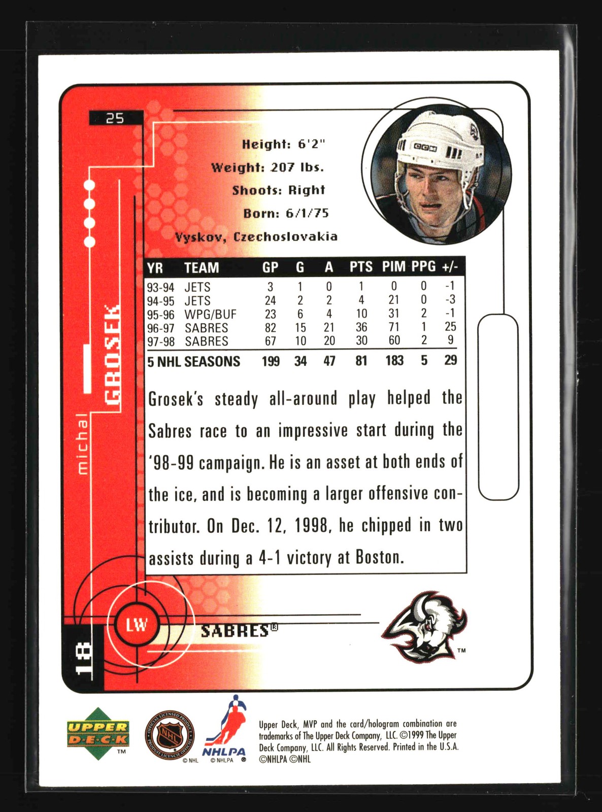 1998-99 Upper Deck MVP – #25 Michal Grosek – Buffalo Sabres