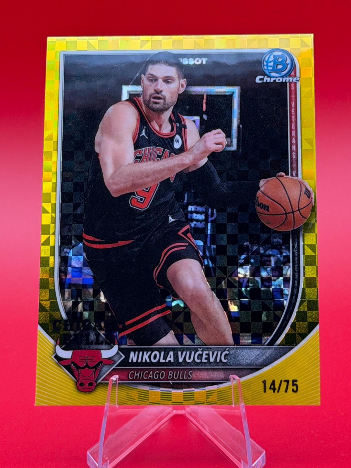Nikola Vucevic 2025-26 NBA Bowman #BCV-157 Yellow X-Fractor 14/75 Chicago Bulls