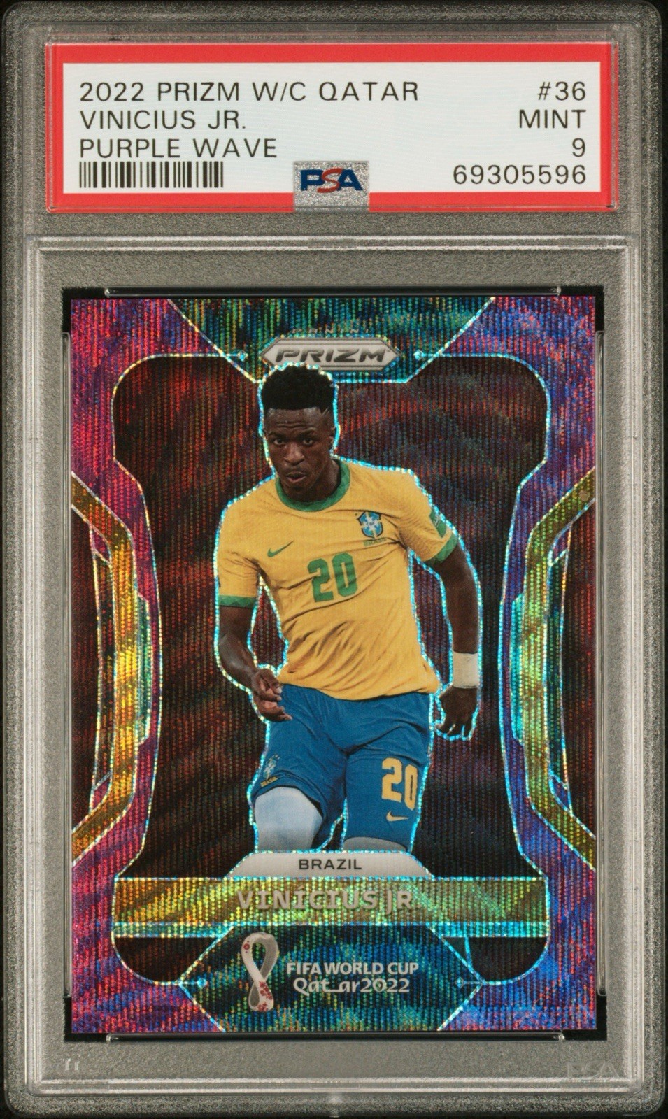 2022 Panini Prizm World Cup – Vinicius Junior – Vini Jr – Purple Wave /99 PSA 9