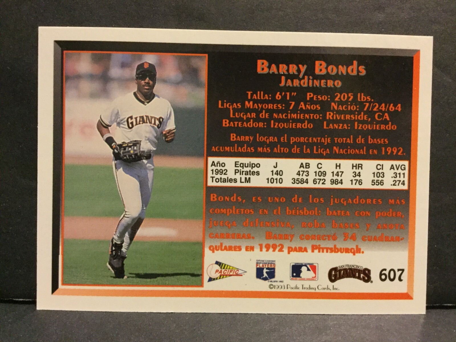 1993 Pacific Trading Spanish Baseball Card #607 Barry Bonds Giants Sku452J