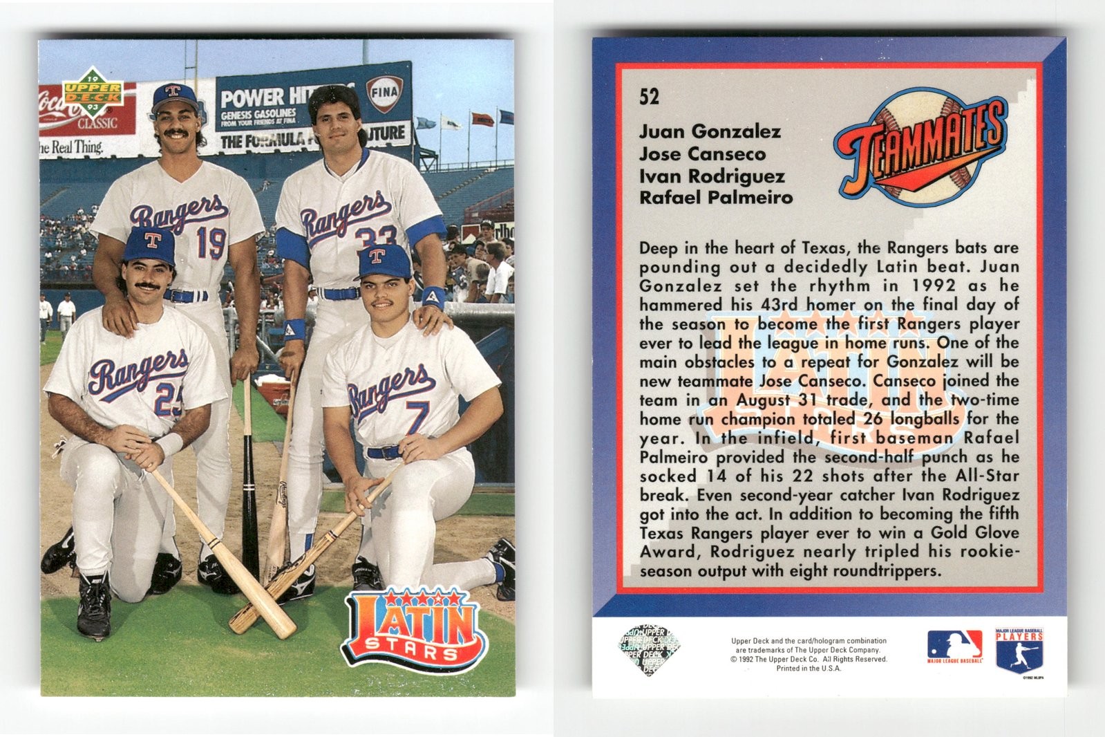 1993 Upper Deck Latin Stars JUAN GONZALEZ/JOSE CANSECO/IVAN RODRIGUEZ/RAFAEL PAL