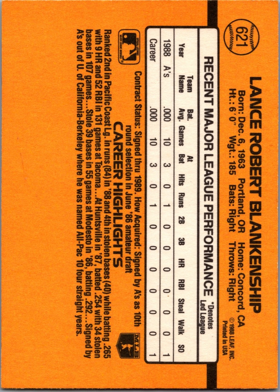 Lance Blankenship Oakland A’s 1989 Donruss Baseball #621