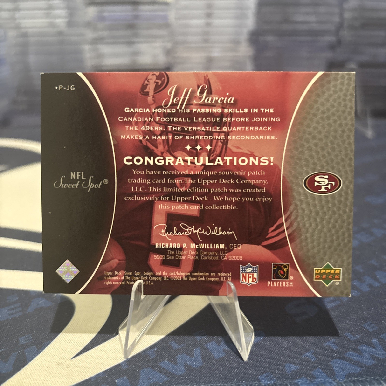 2003 Upper Deck Sweet Spot – Classics Embroidered Patch Jeff Garcia #P-JG Team