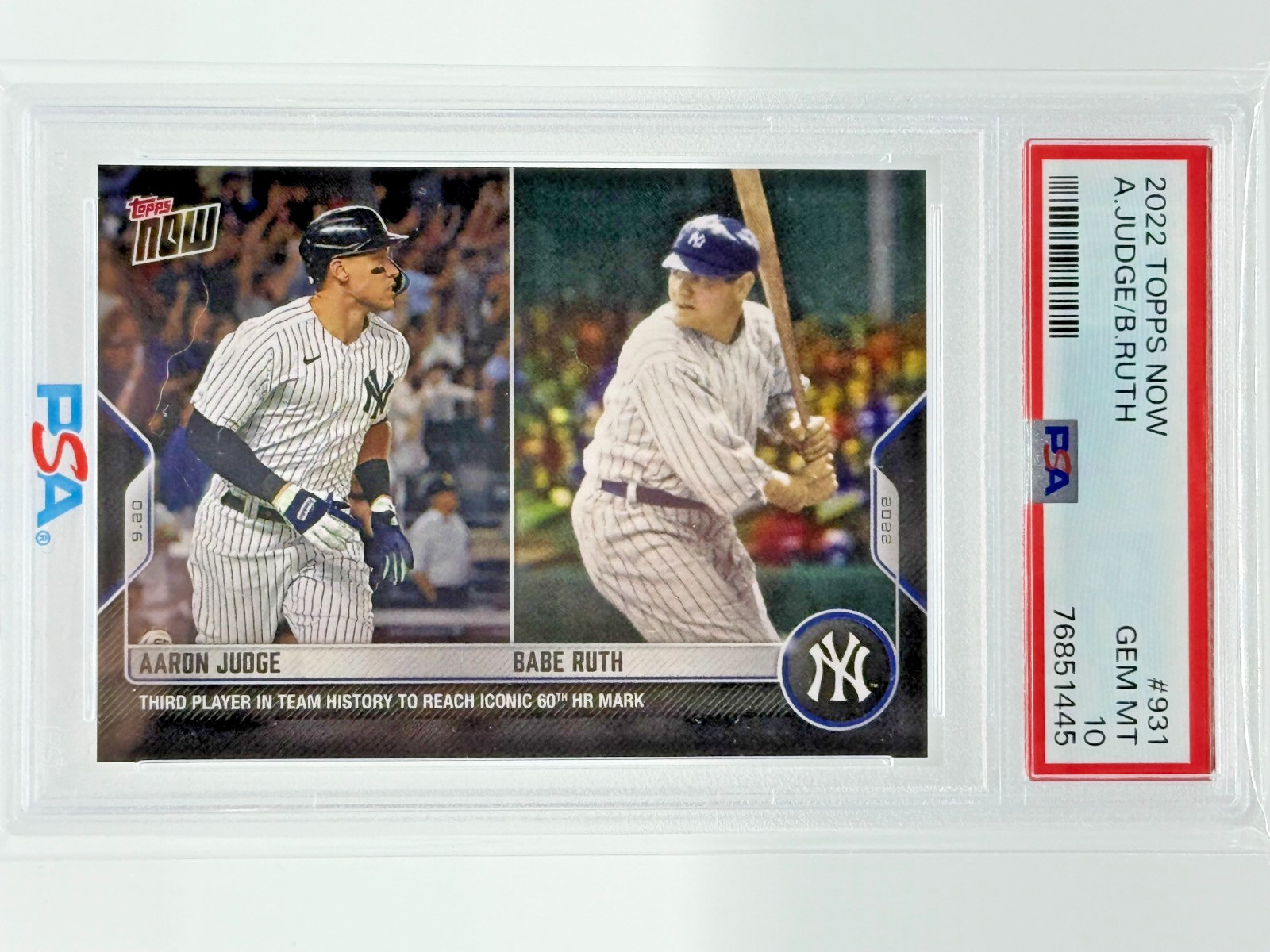 PSA 10 Aaron Judge Babe Ruth 2022 Topps Now #931 GEM MINT Yankees HR Record