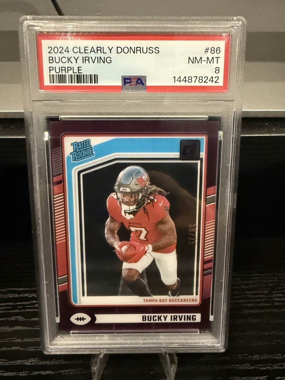 2024 Panini Clearly Donruss Rated Purple /75 Bucky Irving #86 Rookie PSA 8