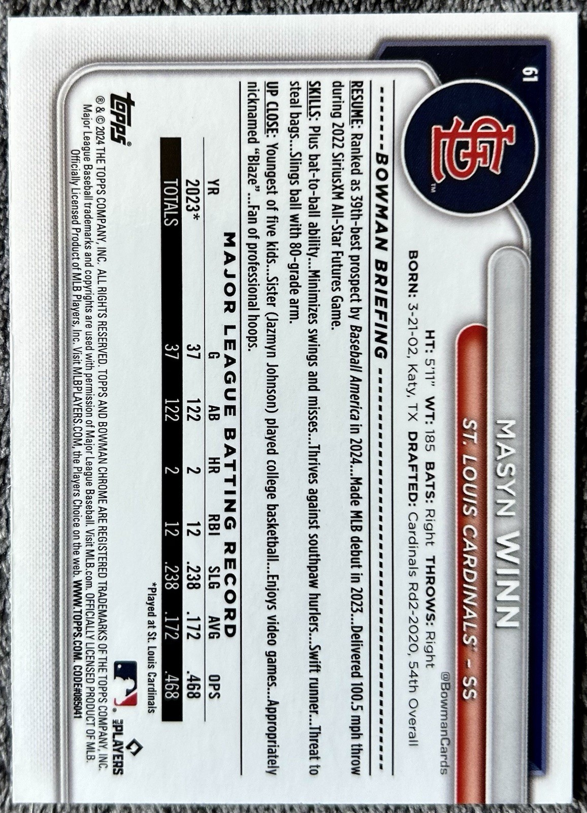 2024 Bowman Chrome Sapphire Masyn Winn Blue #61 St. Louis Cardinals