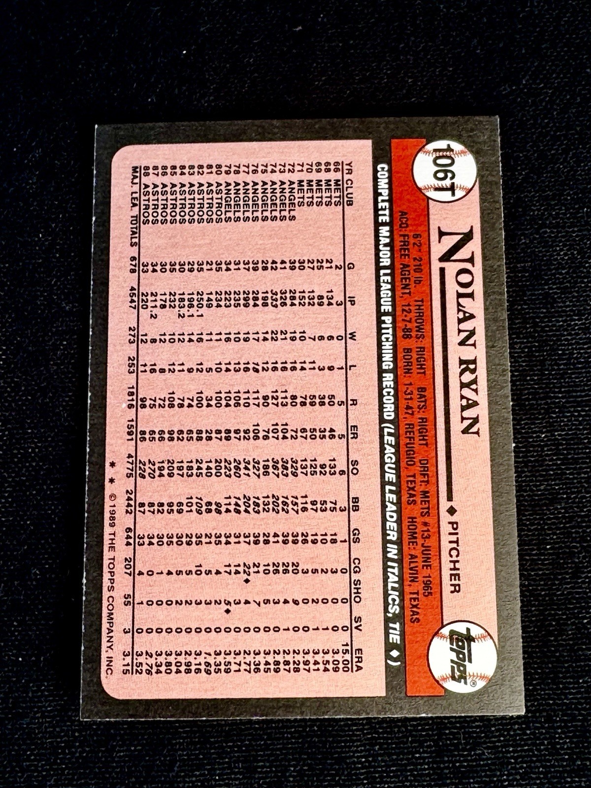 1989 Topps Traded Nolan Ryan #106T Texas Rangers MLB HOF ICON Most Strikeouts