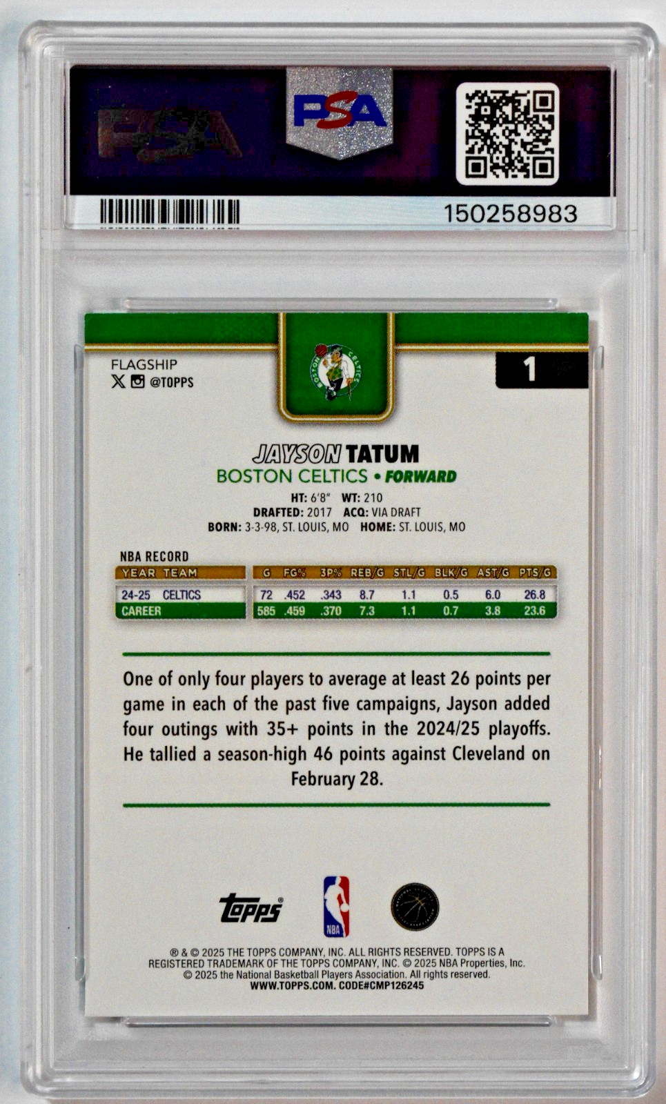 2025 Topps #1 Jayson Tatum Team Color Logo Border SSP Celtics PSA 7 NM