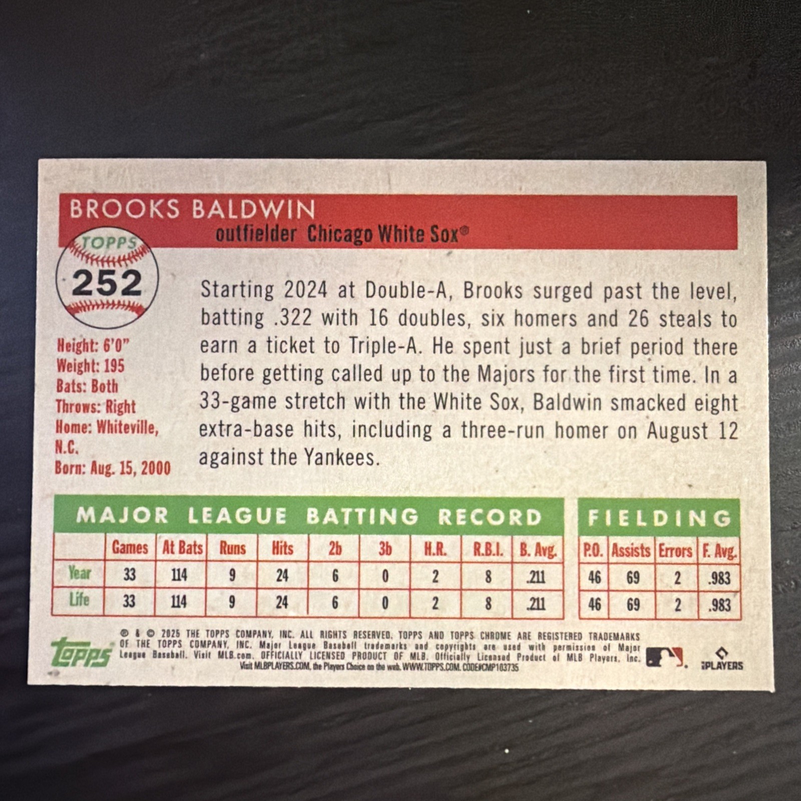 2025 Topps Chrome Platinum Anniversary Brooks Baldwin #252 (RC) White Sox