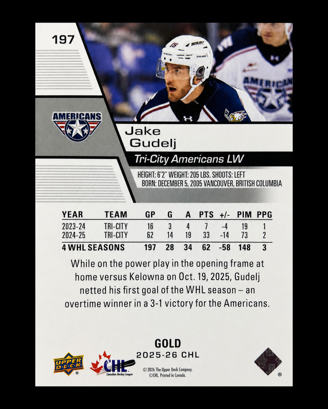 2025-26 Upper Deck CHL Jake Gudelj #197 Gold Parallel Tri-City Americans