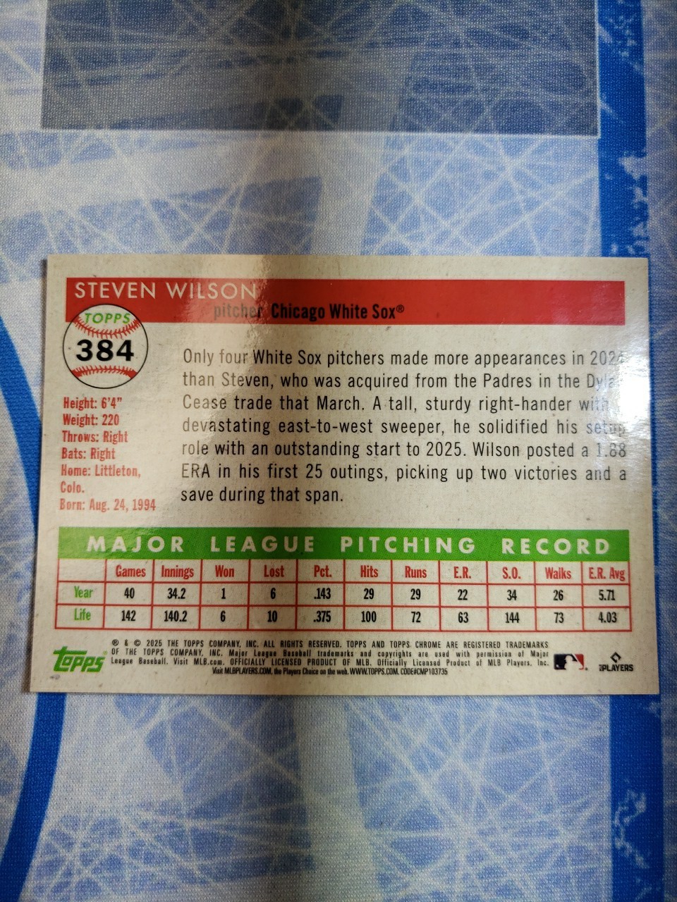 2025 Topps Platinum Steve Wilson #384 Orange Toile /25 Book End *SEE DESCRIPTION