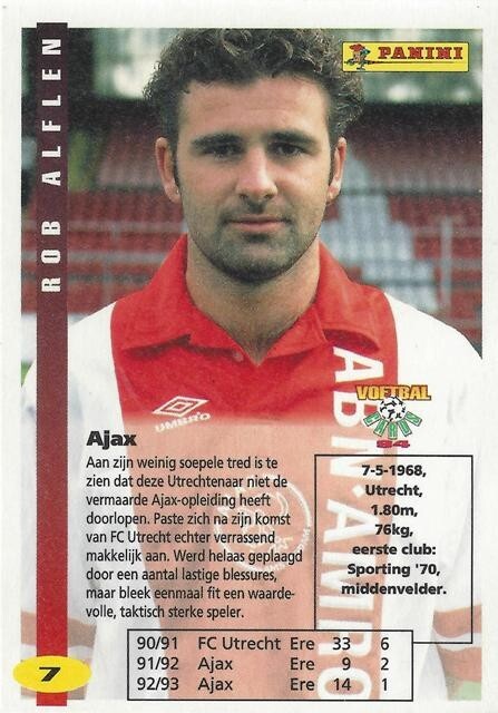 1993 – 1994 Panini Dutch Voetbal – Ajax (1 – 16) – Netherland / Holland