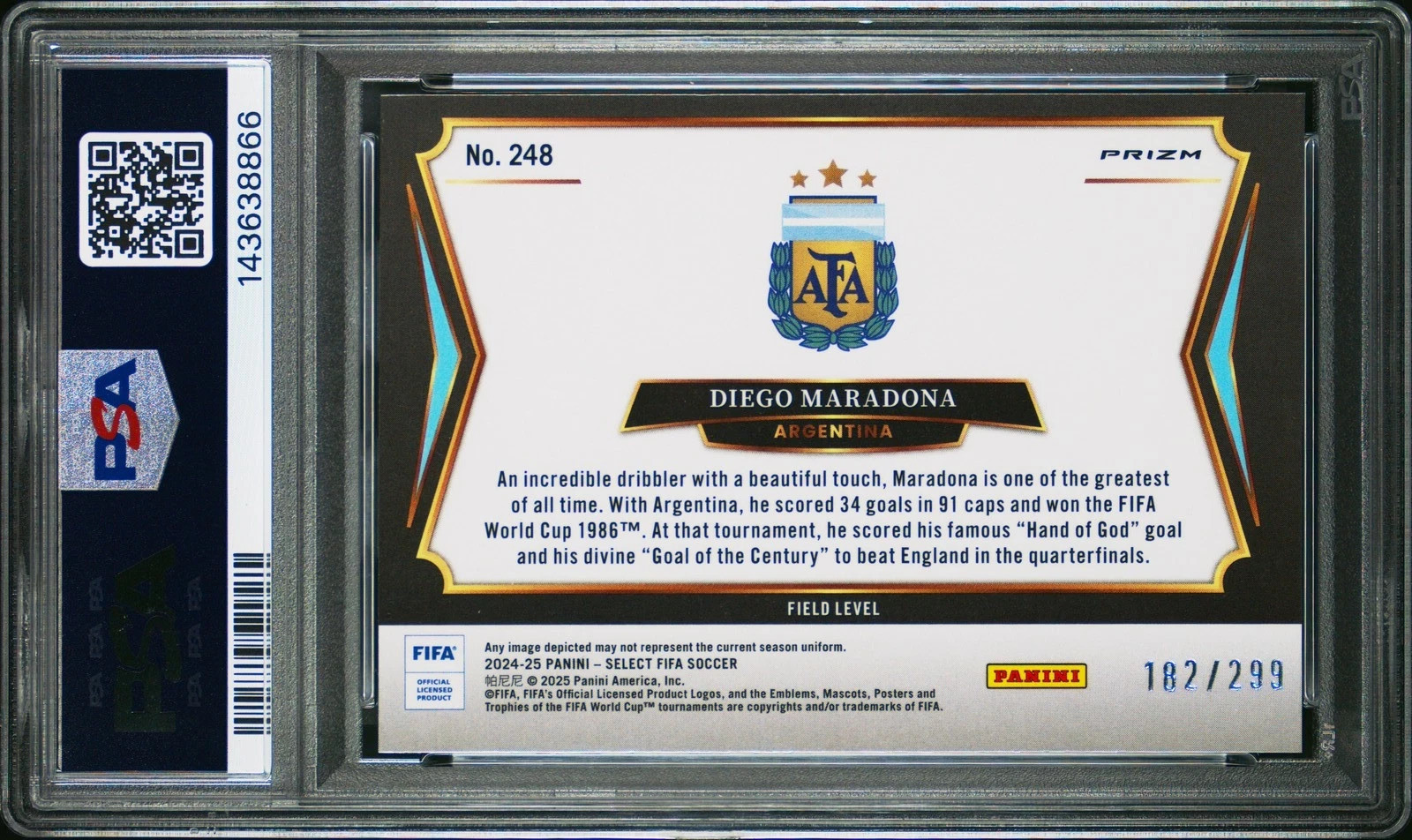Panini 2024-25 Select FIFA ARGENTINA Diego Maradona #248 Pink Mojo /299 PSA 10