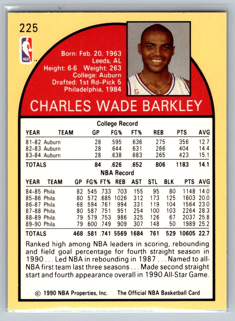 Charles Barkley 1990-91 Hoops #225 Philadelphia 76ers – Free Shipping