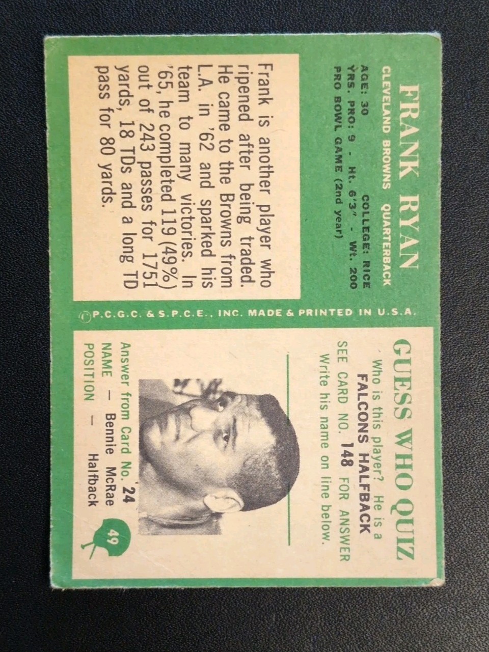 1966 Philadelphia #49 FRANK RYAN — Cleveland Browns — Fair / Good