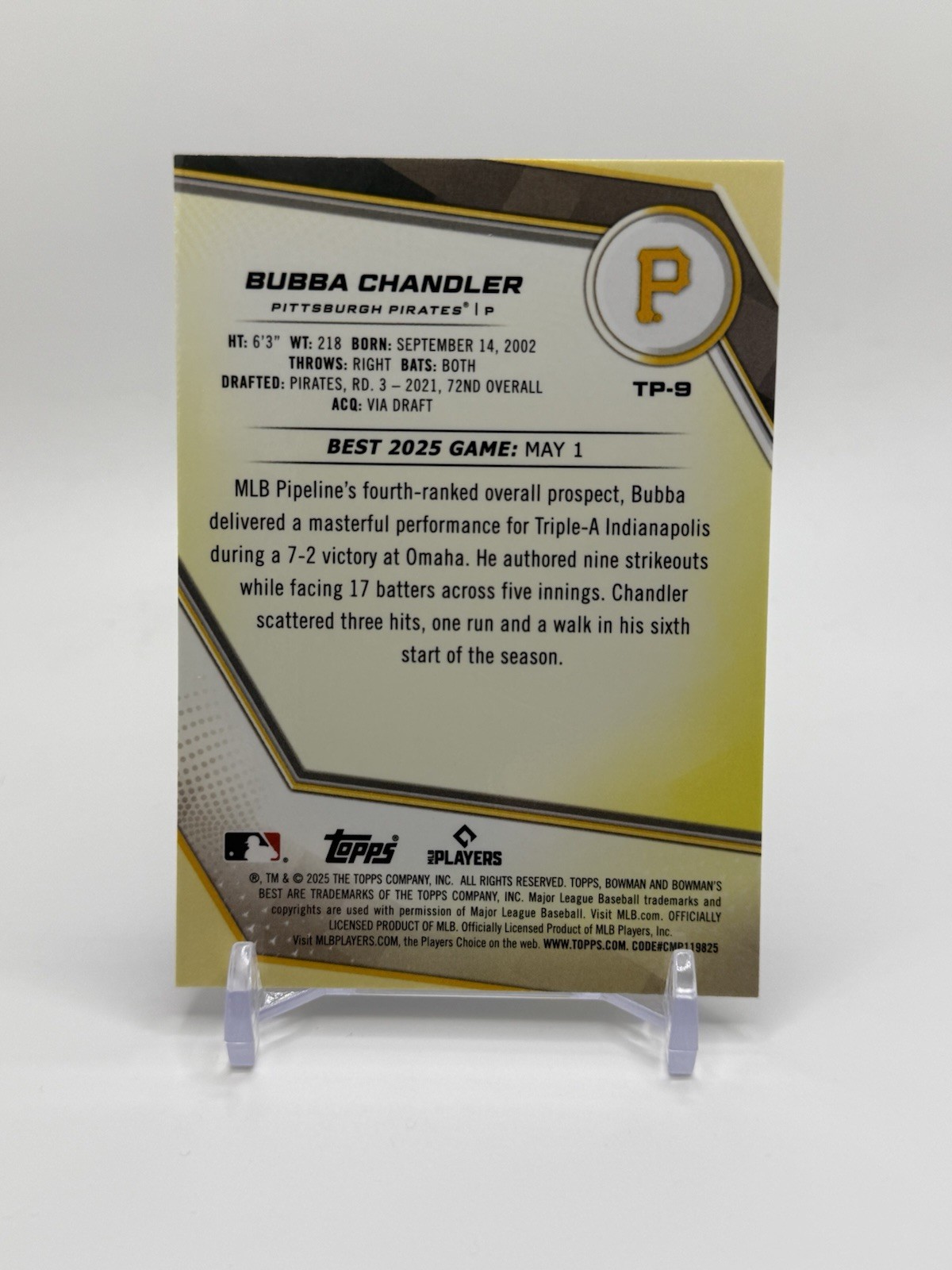 2025 Bowman’s Best – Top Prospects Bubba Chandler #TP-9 Purple Mojo Refractor