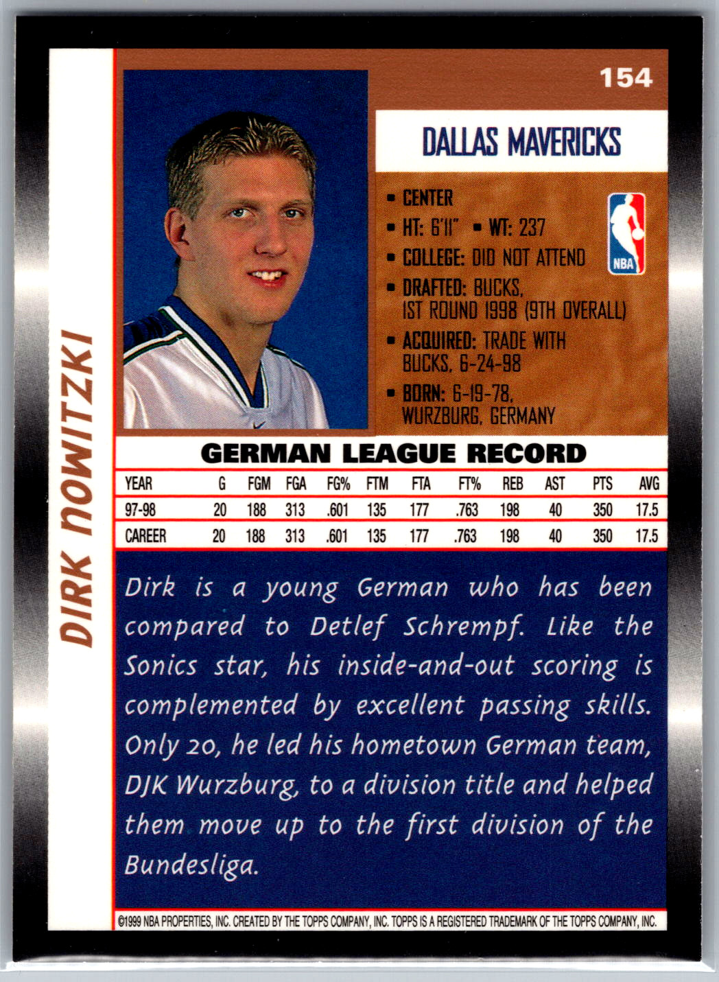 1998-99 Topps #154 Dirk Nowitzki RC Dallas Mavericks – FREE SHIPPING