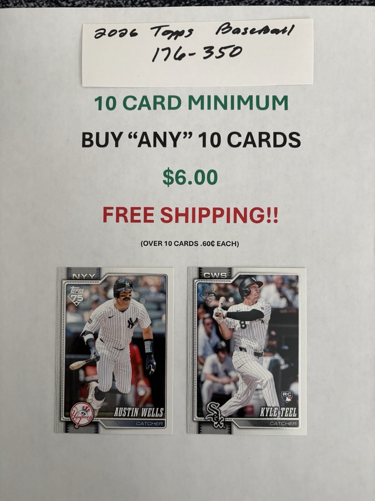 2026 Topps Baseball, cards 176-350, 10 card minimum, 10/$6.00, FREE SHIPPING