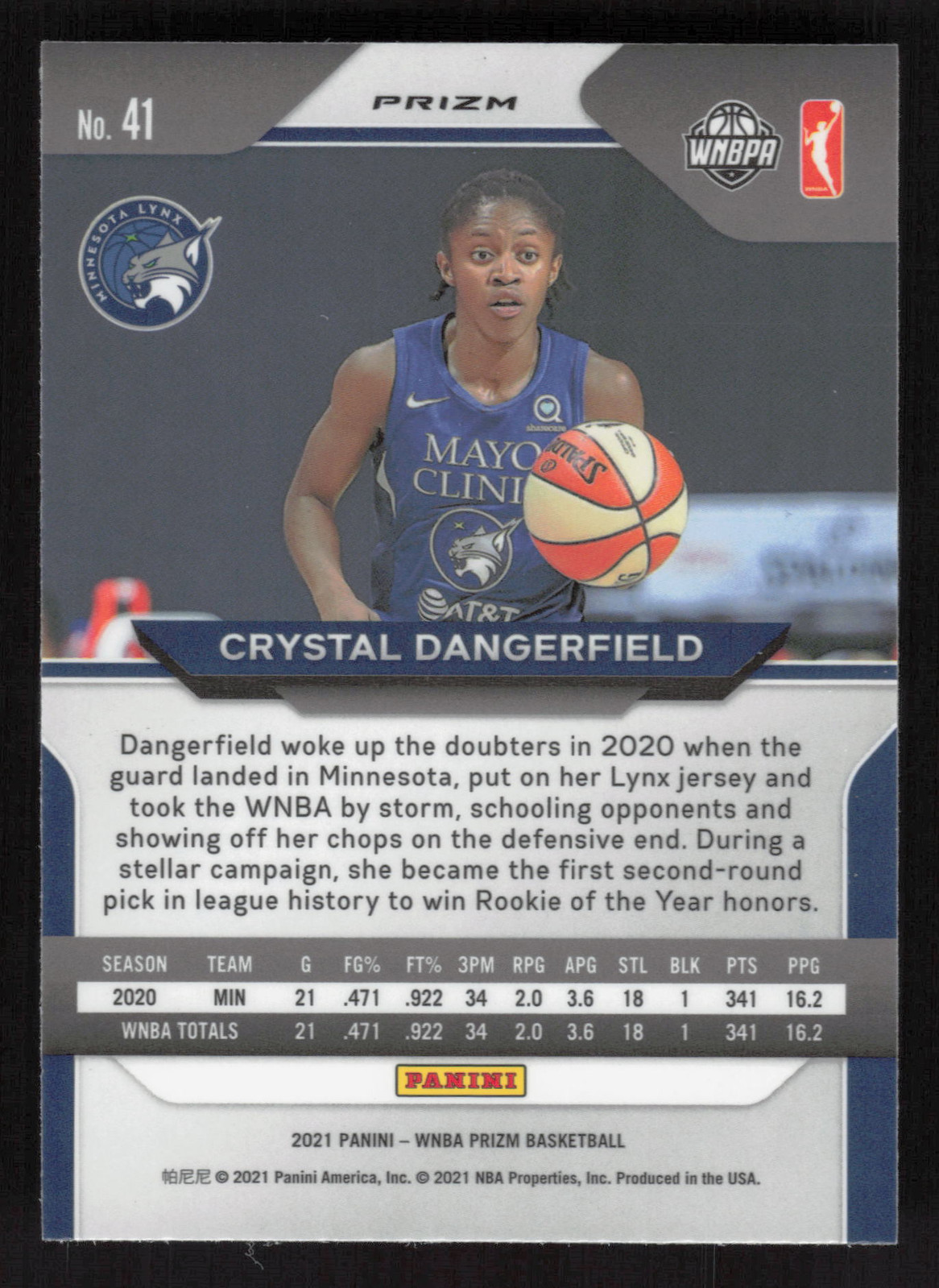 2021 Panini Prizm WNBA #41 Crystal Dangerfield Prizms Silver RC