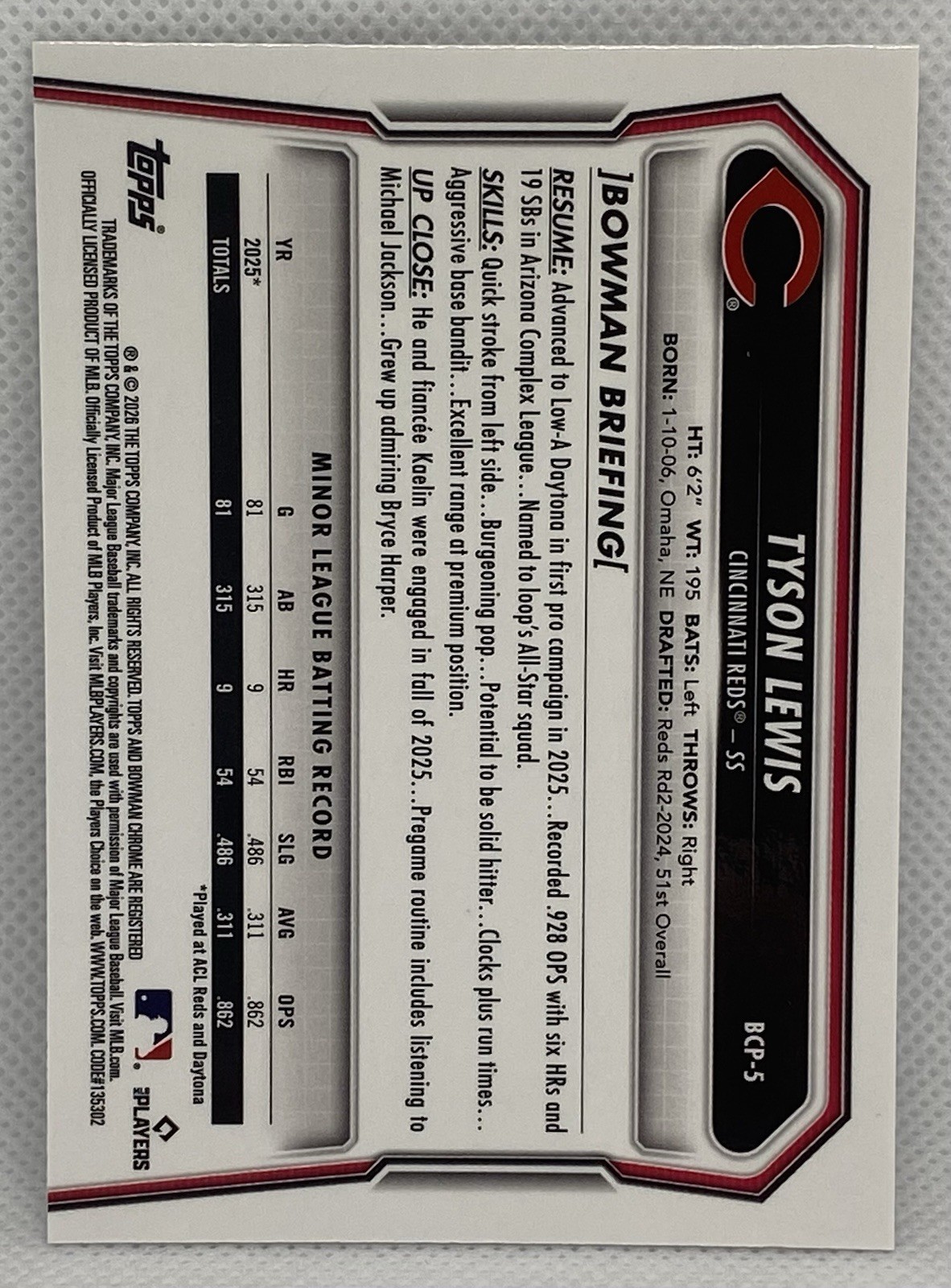 2026 Bowman Chrome Prospects #BCP-5 Tyson Lewis Lava Refractor /399 Reds